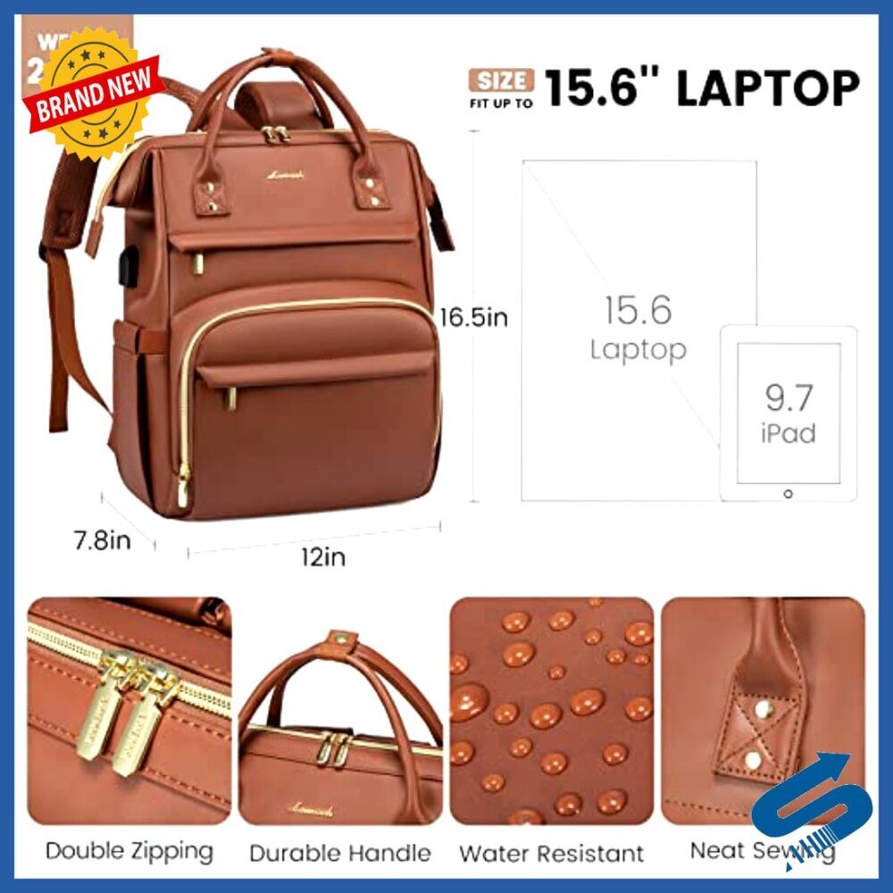 Leather Laptop Backpack Professional Work Bag Travel Purse with USB Port - Picture 4 of 6